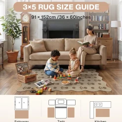 2x6/3x5 Floral Easy Jute Hallway Runner Rug, Scalloped Kitchen Runner Rug Non Skid Washable Indoor Carpet, Oeko-Tex Certified