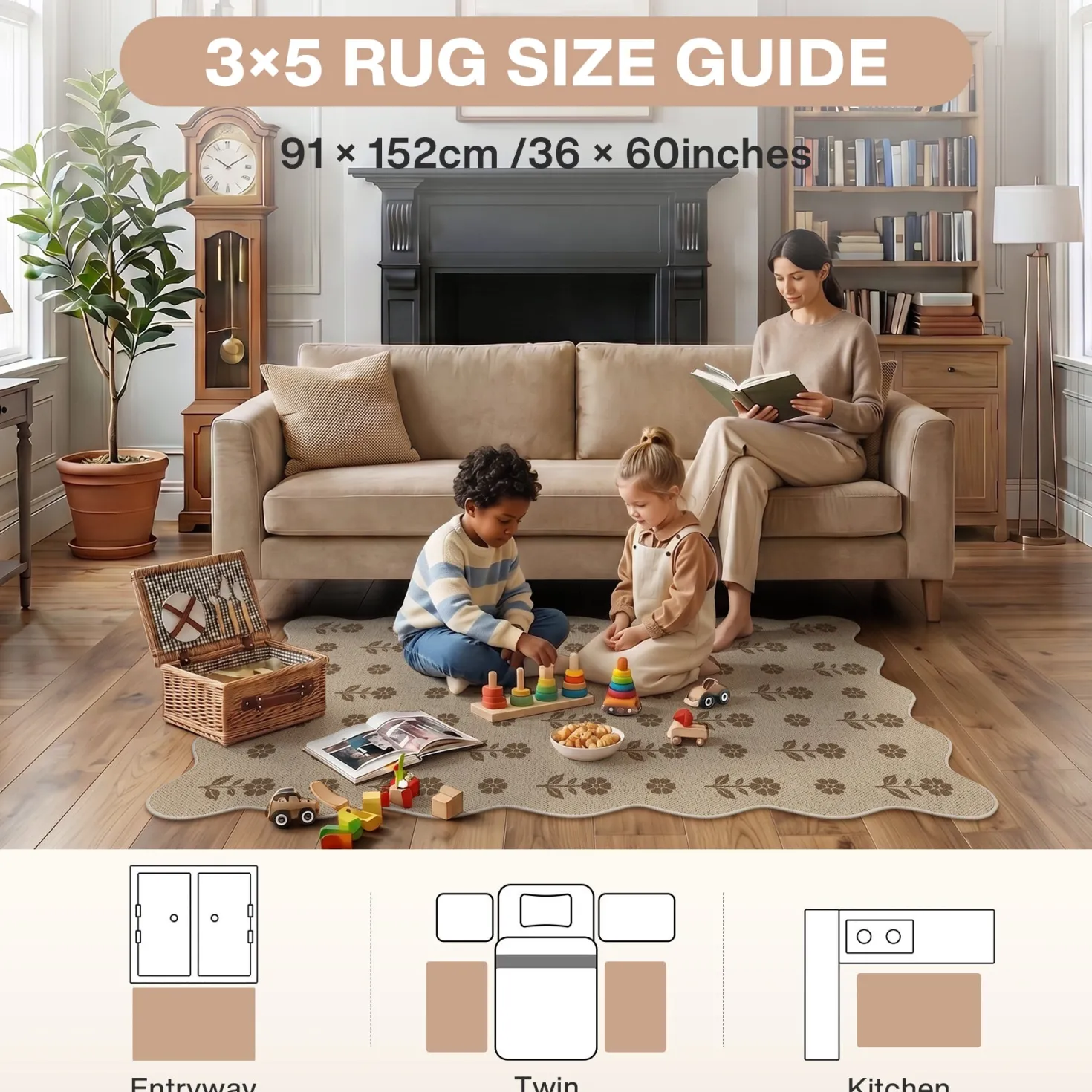 2x6/3x5 Floral Easy Jute Hallway Runner Rug, Scalloped Kitchen Runner Rug Non Skid Washable Indoor Carpet, Oeko-Tex Certified