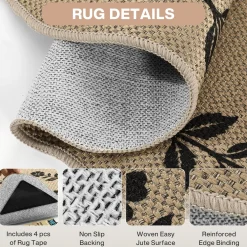 2x6/3x5 Floral Easy Jute Hallway Runner Rug, Scalloped Kitchen Runner Rug Non Skid Washable Indoor Carpet, Oeko-Tex Certified