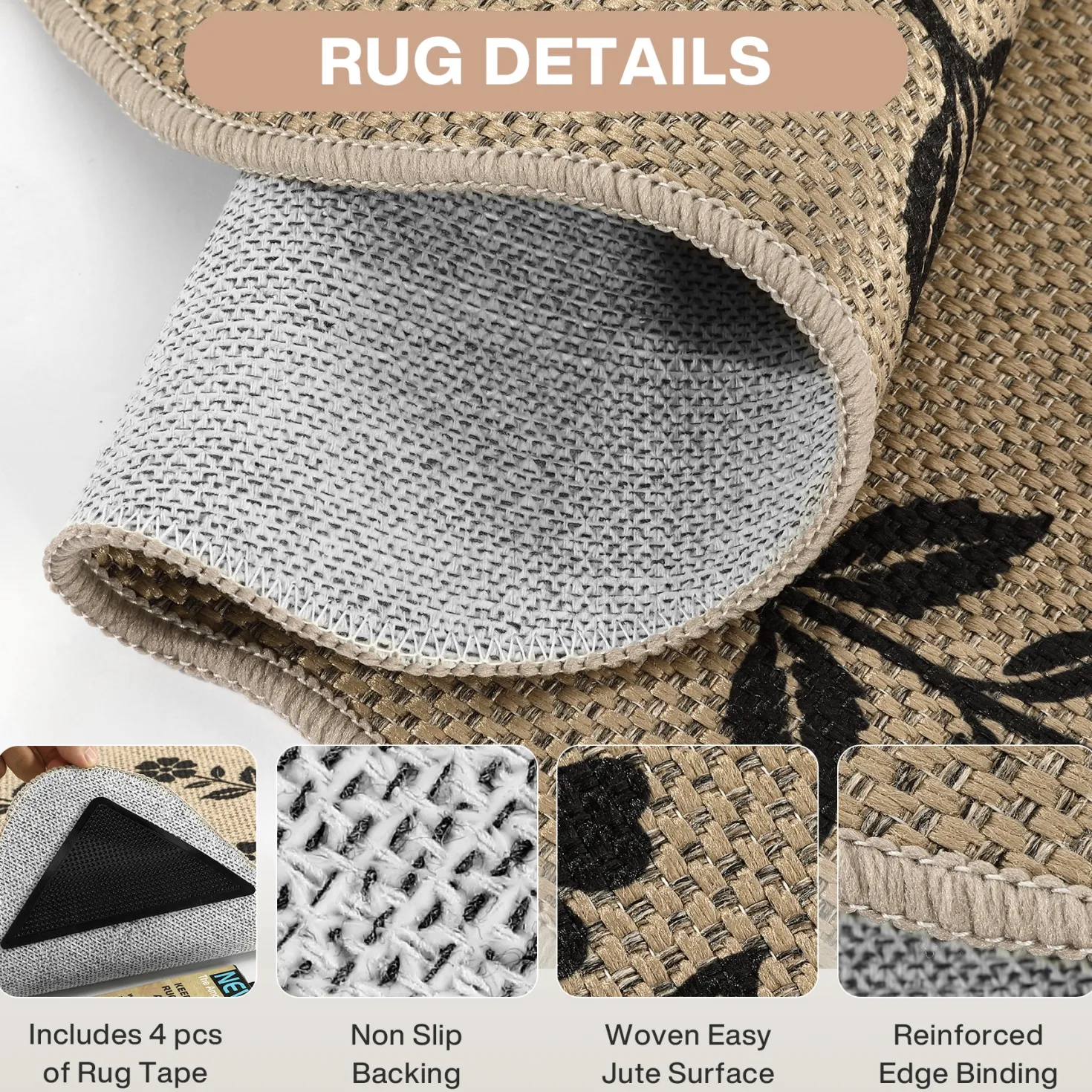2x6/3x5 Floral Easy Jute Hallway Runner Rug, Scalloped Kitchen Runner Rug Non Skid Washable Indoor Carpet, Oeko-Tex Certified