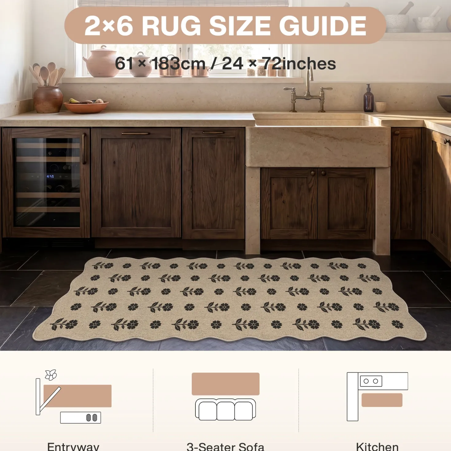 2x6/3x5 Floral Easy Jute Hallway Runner Rug, Scalloped Kitchen Runner Rug Non Skid Washable Indoor Carpet, Oeko-Tex Certified
