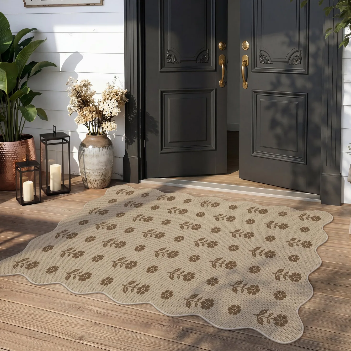 2x6/3x5 Floral Easy Jute Hallway Runner Rug, Scalloped Kitchen Runner Rug Non Skid Washable Indoor Carpet, Oeko-Tex Certified