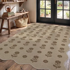 2x6/3x5 Floral Easy Jute Hallway Runner Rug, Scalloped Kitchen Runner Rug Non Skid Washable Indoor Carpet, Oeko-Tex Certified