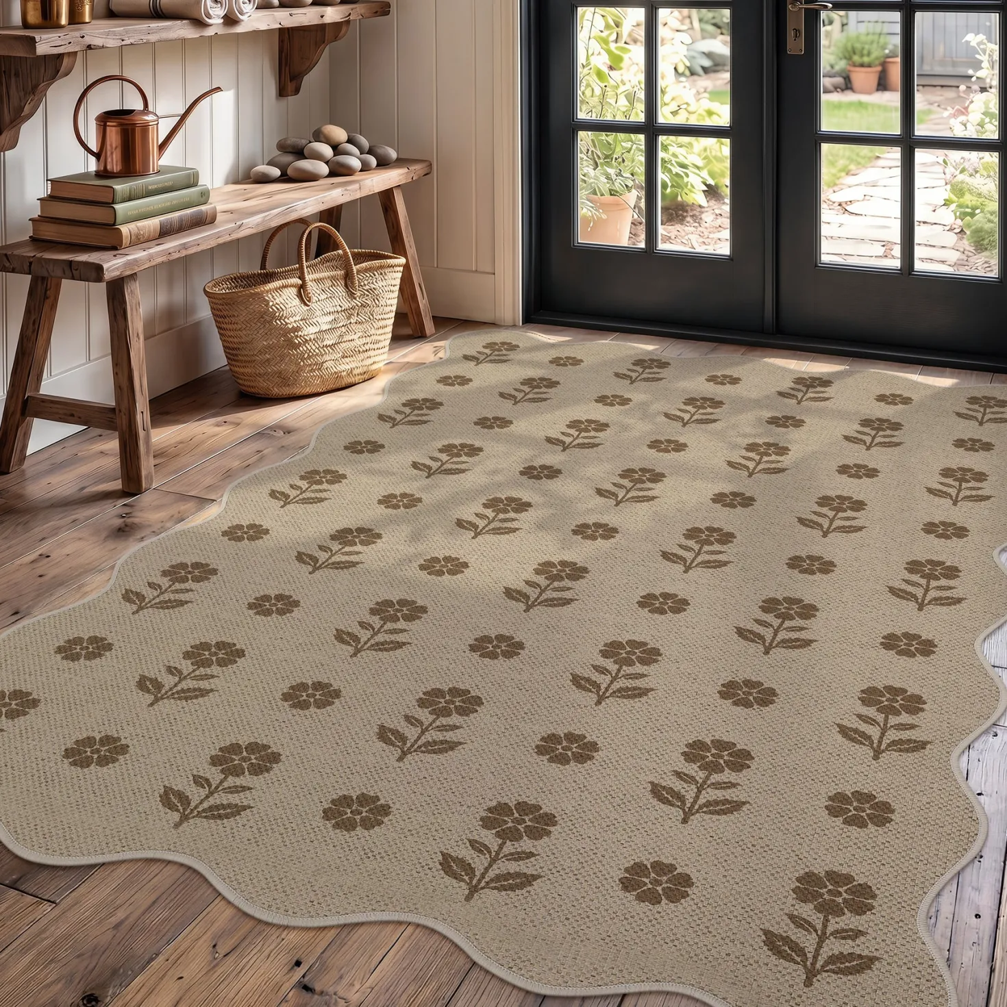 2x6/3x5 Floral Easy Jute Hallway Runner Rug, Scalloped Kitchen Runner Rug Non Skid Washable Indoor Carpet, Oeko-Tex Certified