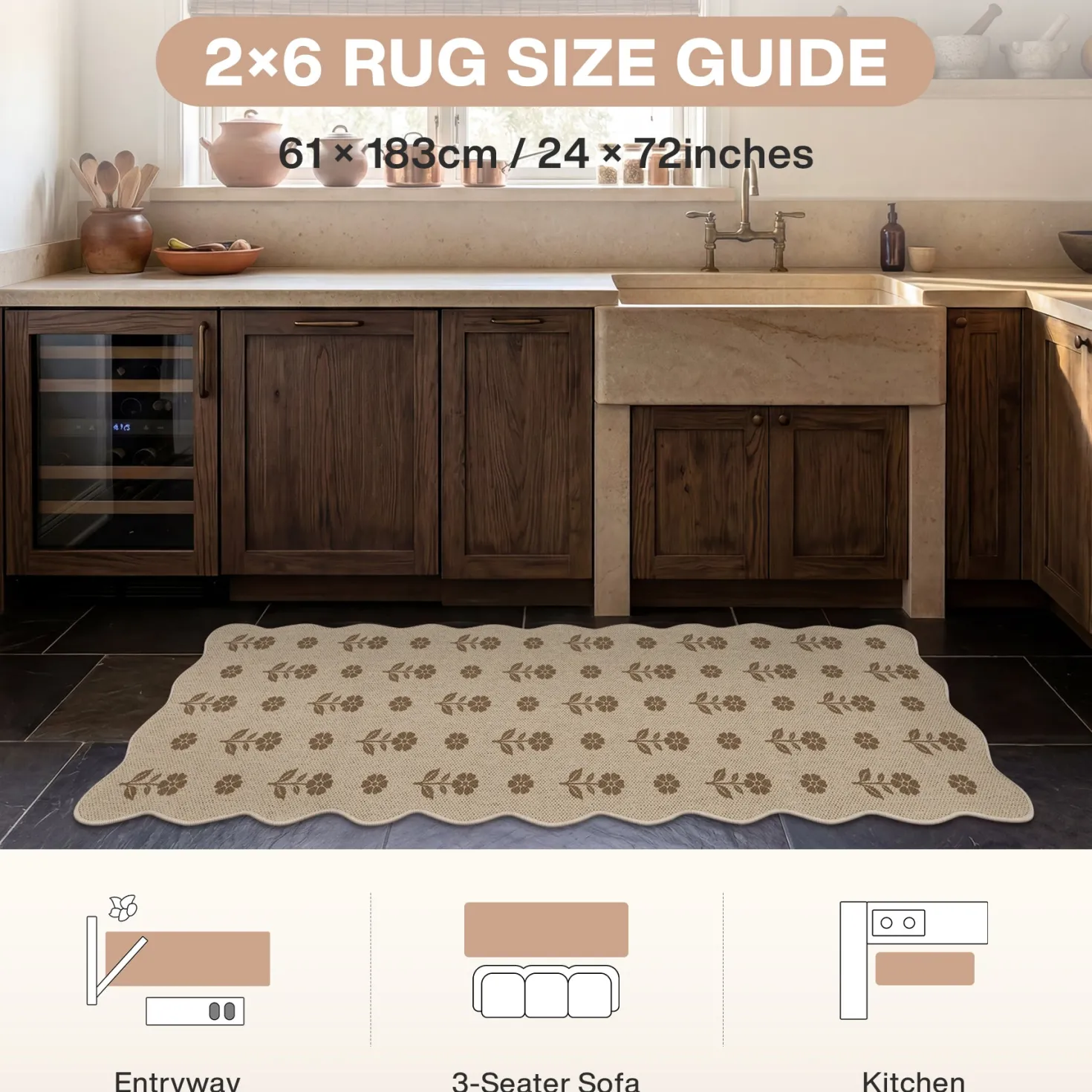 2x6/3x5 Floral Easy Jute Hallway Runner Rug, Scalloped Kitchen Runner Rug Non Skid Washable Indoor Carpet, Oeko-Tex Certified