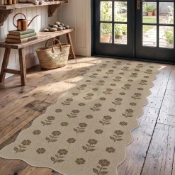 2x6/3x5 Floral Easy Jute Hallway Runner Rug, Scalloped Kitchen Runner Rug Non Skid Washable Indoor Carpet, Oeko-Tex Certified