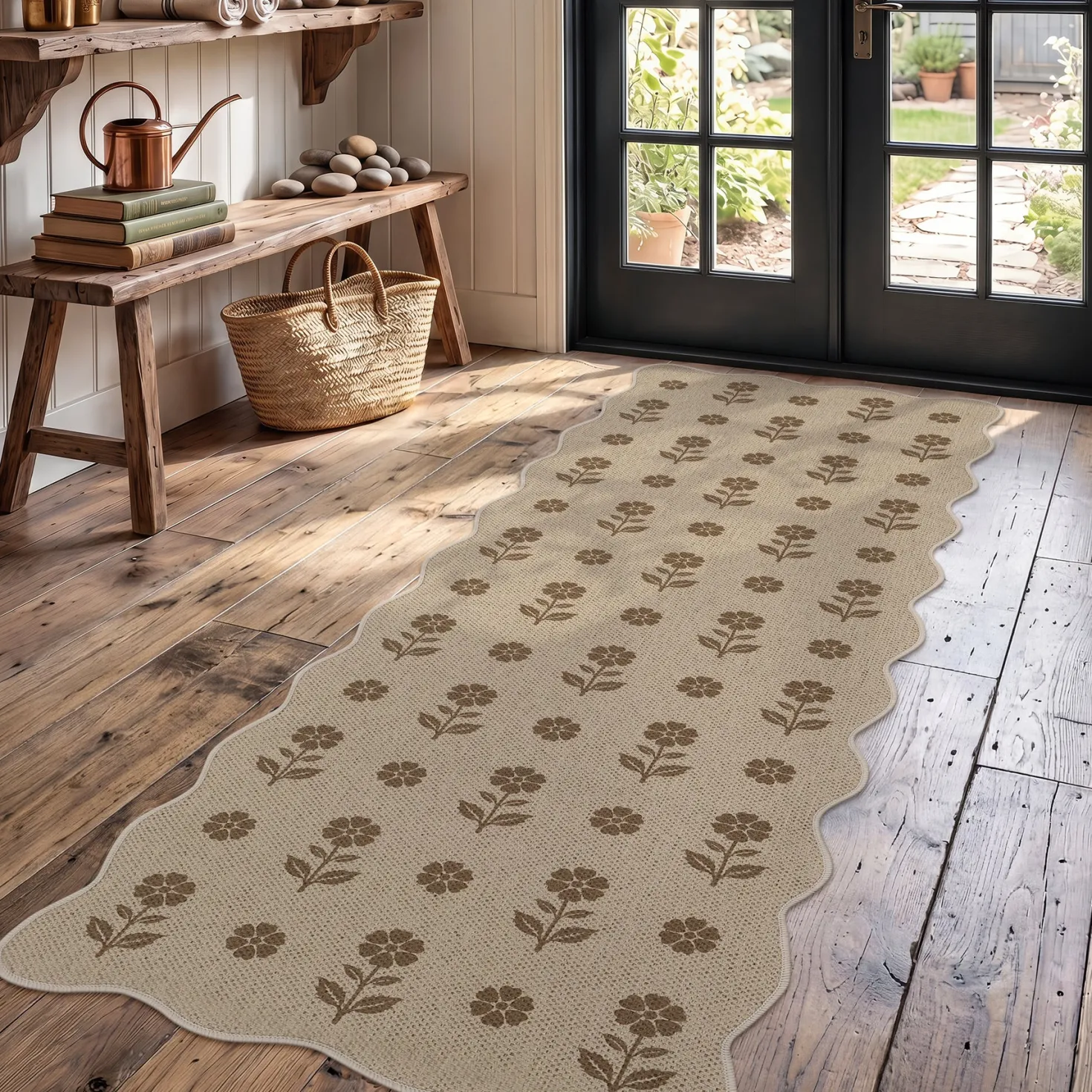 2x6/3x5 Floral Easy Jute Hallway Runner Rug, Scalloped Kitchen Runner Rug Non Skid Washable Indoor Carpet, Oeko-Tex Certified