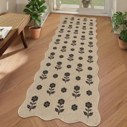2x6/3x5 Floral Easy Jute Hallway Runner Rug, Scalloped Kitchen Runner Rug Non Skid Washable Indoor Carpet, Oeko-Tex Certified