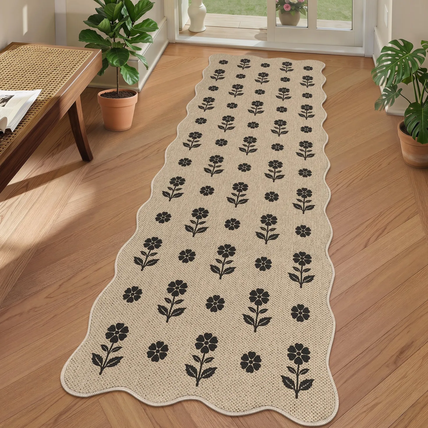 2x6/3x5 Floral Easy Jute Hallway Runner Rug, Scalloped Kitchen Runner Rug Non Skid Washable Indoor Carpet, Oeko-Tex Certified