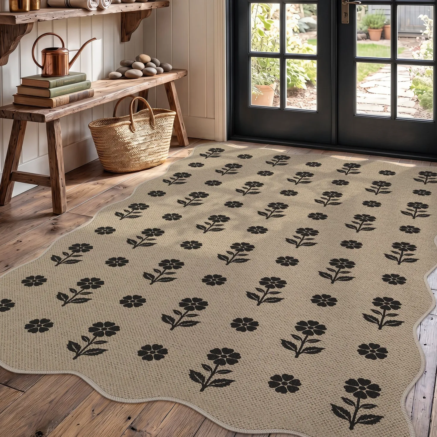 2x6/3x5 Floral Easy Jute Hallway Runner Rug, Scalloped Kitchen Runner Rug Non Skid Washable Indoor Carpet, Oeko-Tex Certified
