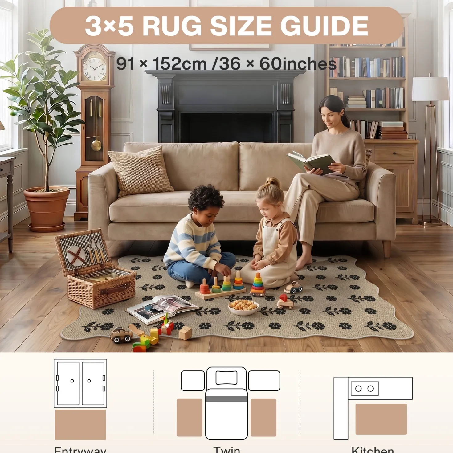 2x6/3x5 Floral Easy Jute Hallway Runner Rug, Scalloped Kitchen Runner Rug Non Skid Washable Indoor Carpet, Oeko-Tex Certified