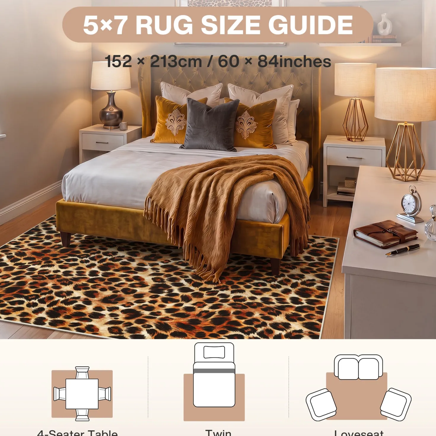 5x7/8x10 Leopard Print Area Rug, Animal Soft Carpet Machine Washable Cheetah Rug for Living Room, Oeko-Tex Certified