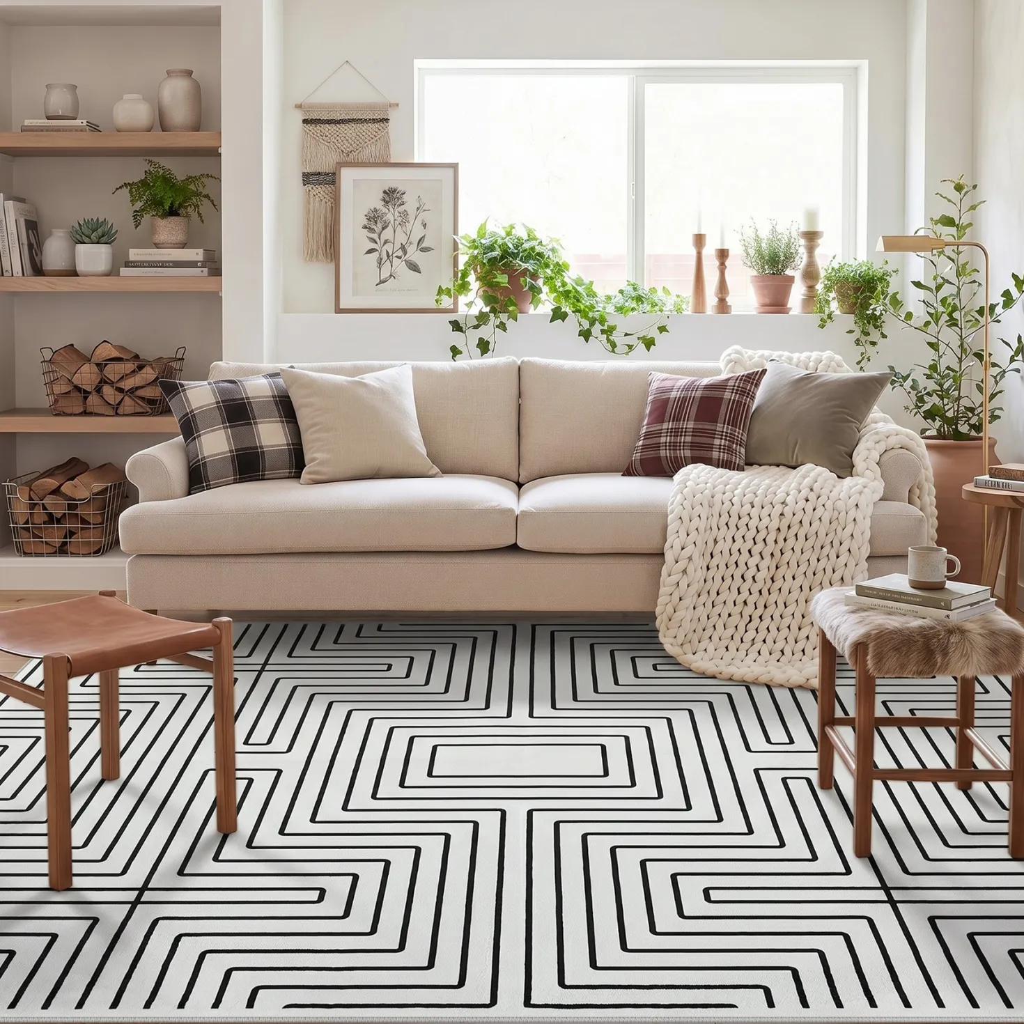 5x7/8x10 Machine Washable Area Rug, Modern Geometric Non-Slip Low Pile Indoor Carpet for Living Room, Oeko-Tex Certified