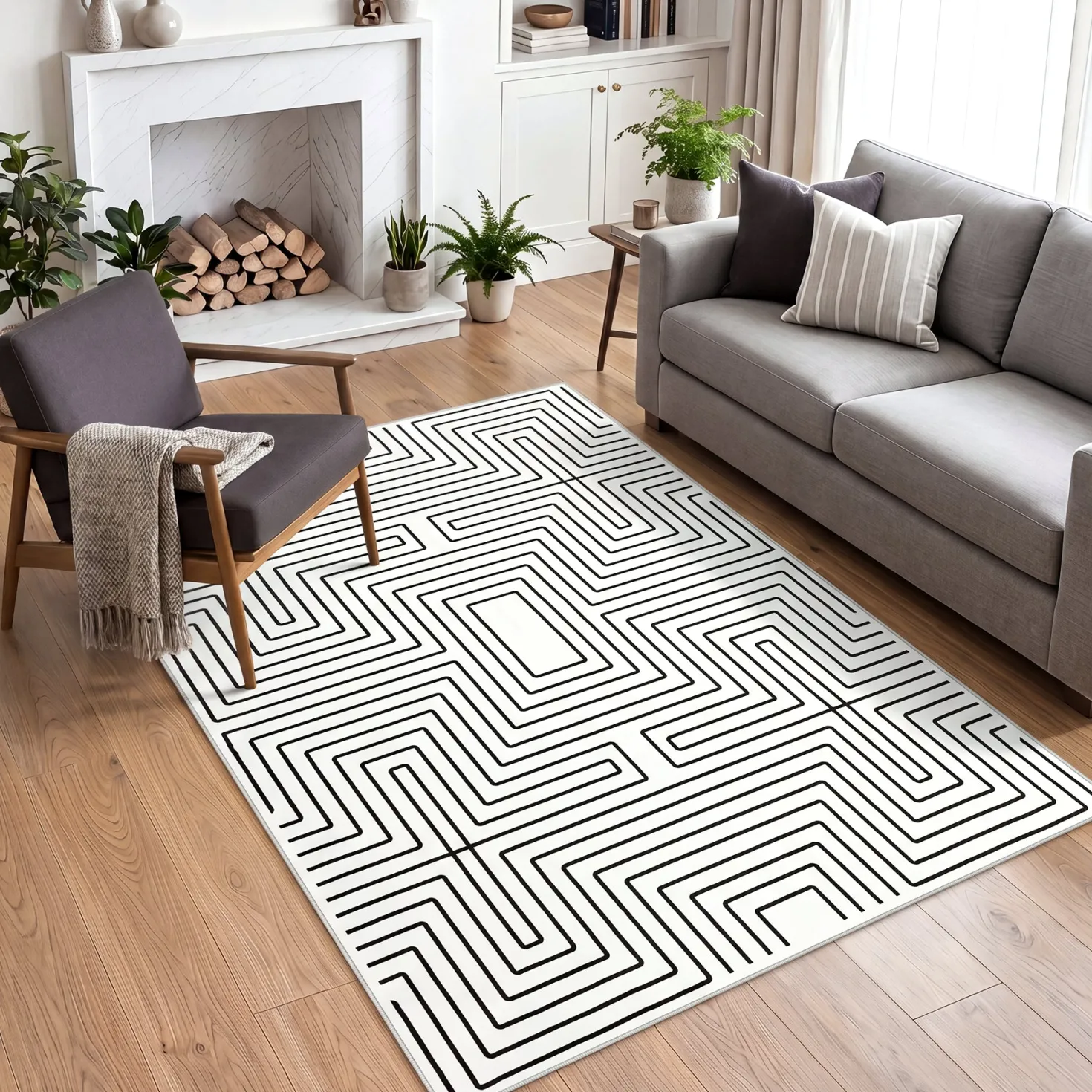 5x7/8x10 Machine Washable Area Rug, Modern Geometric Non-Slip Low Pile Indoor Carpet for Living Room, Oeko-Tex Certified