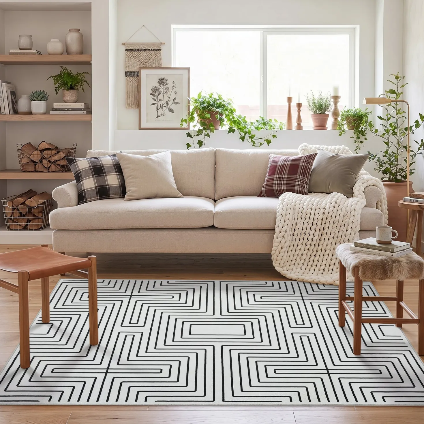 5x7/8x10 Machine Washable Area Rug, Modern Geometric Non-Slip Low Pile Indoor Carpet for Living Room, Oeko-Tex Certified
