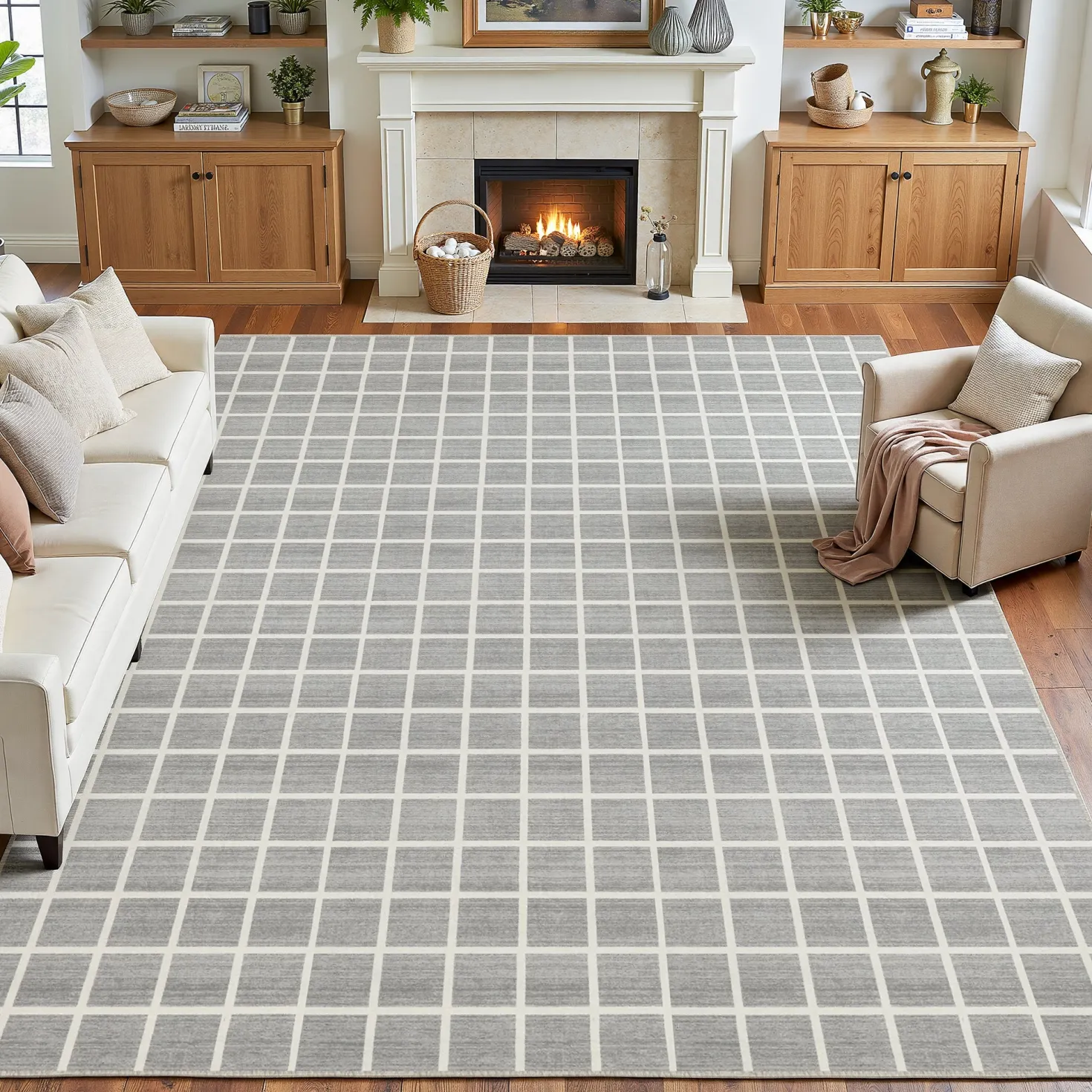 5x7/8x10 Modern Plaid Area Rug, Checkered Washable Rug Soft Non-Slip Ultra Thin Throw Carpet for Living Room, Oeko-Tex Certified