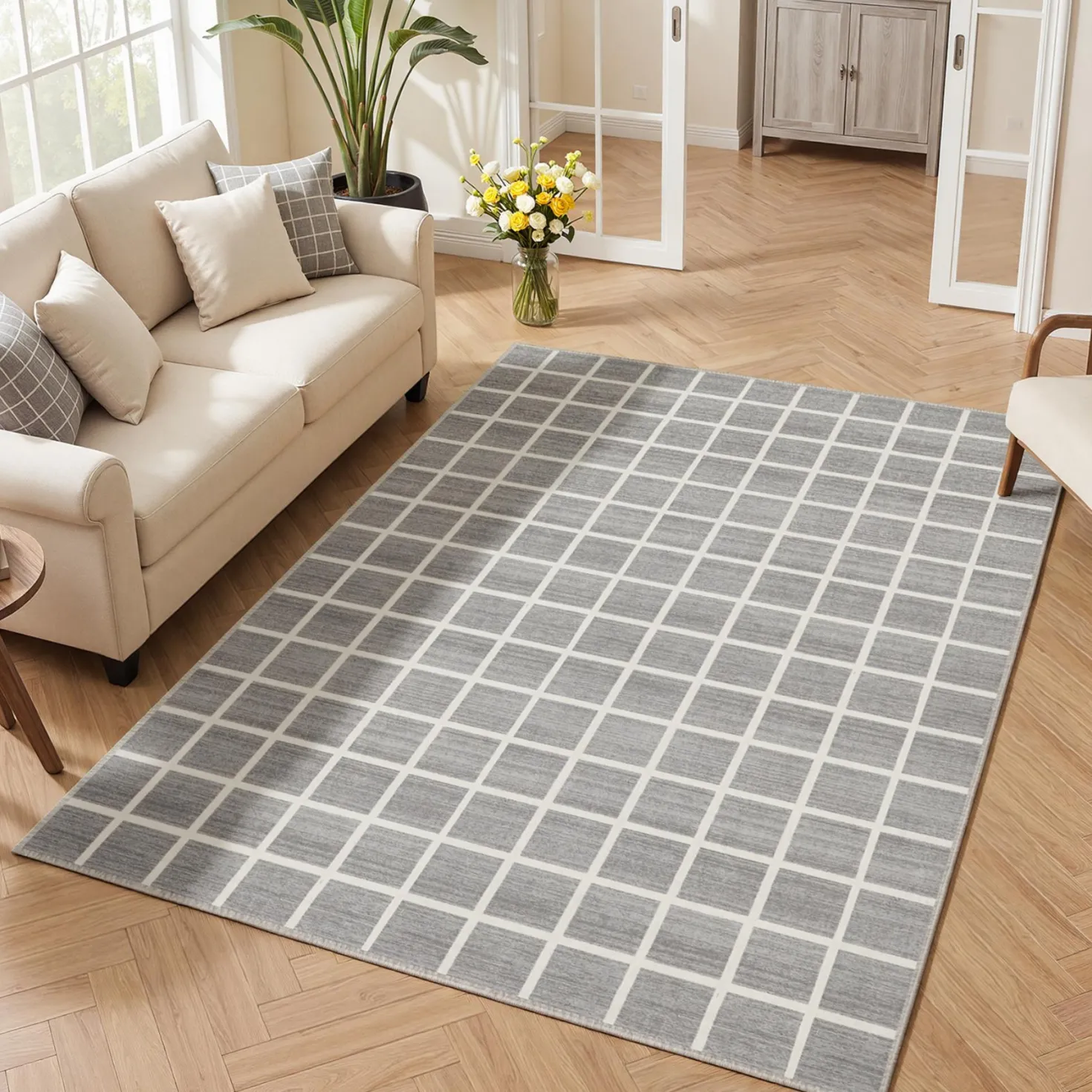 5x7/8x10 Modern Plaid Area Rug, Checkered Washable Rug Soft Non-Slip Ultra Thin Throw Carpet for Living Room, Oeko-Tex Certified