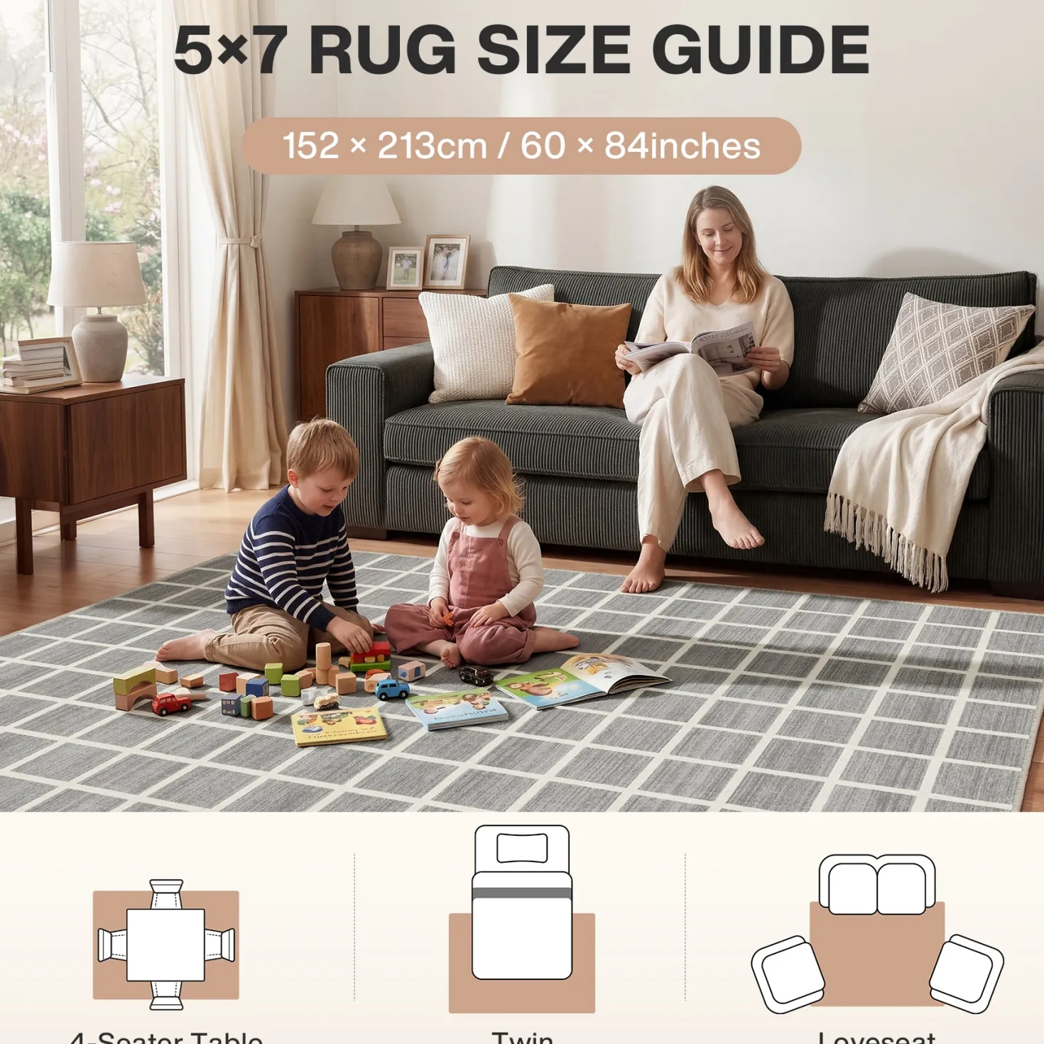 5x7/8x10 Modern Plaid Area Rug, Checkered Washable Rug Soft Non-Slip Ultra Thin Throw Carpet for Living Room, Oeko-Tex Certified