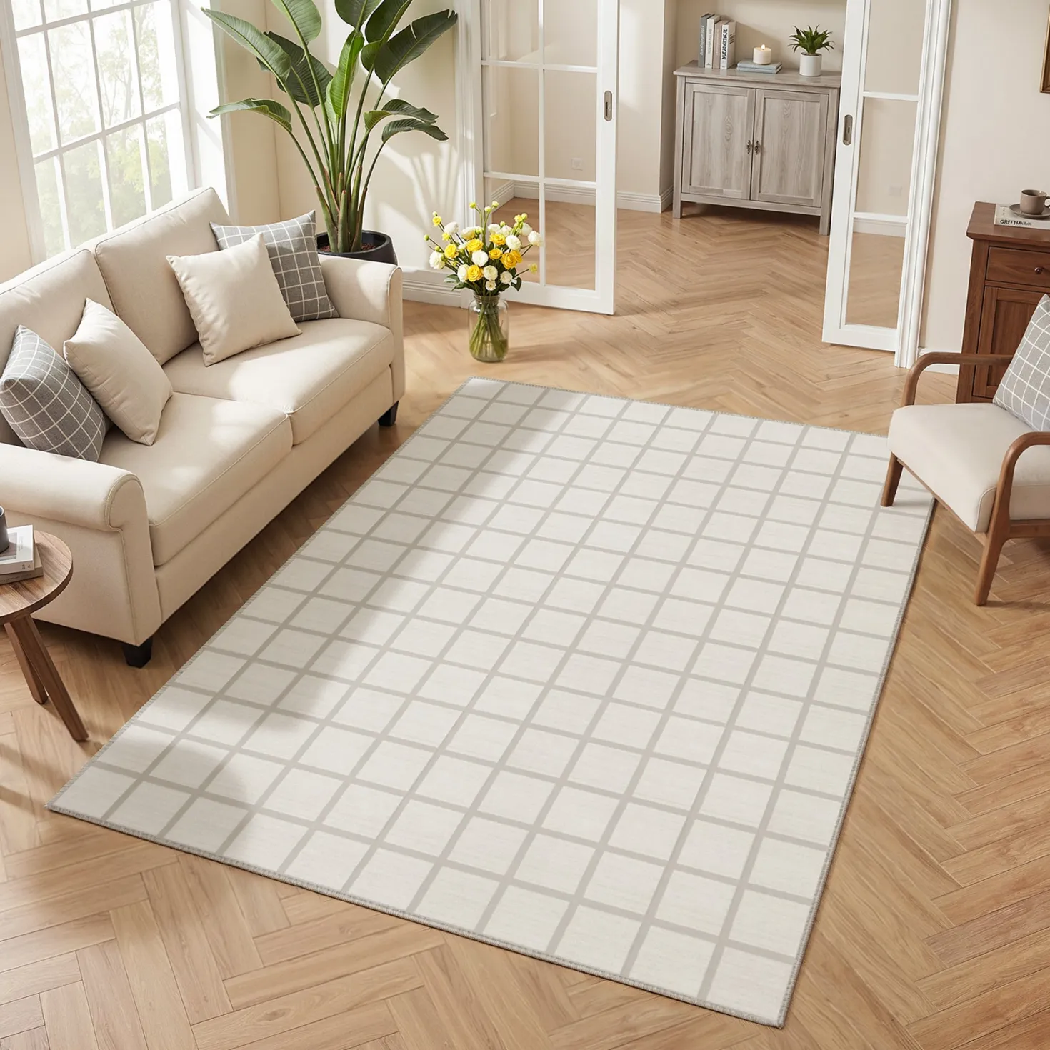 5x7/8x10 Modern Plaid Area Rug, Checkered Washable Rug Soft Non-Slip Ultra Thin Throw Carpet for Living Room, Oeko-Tex Certified
