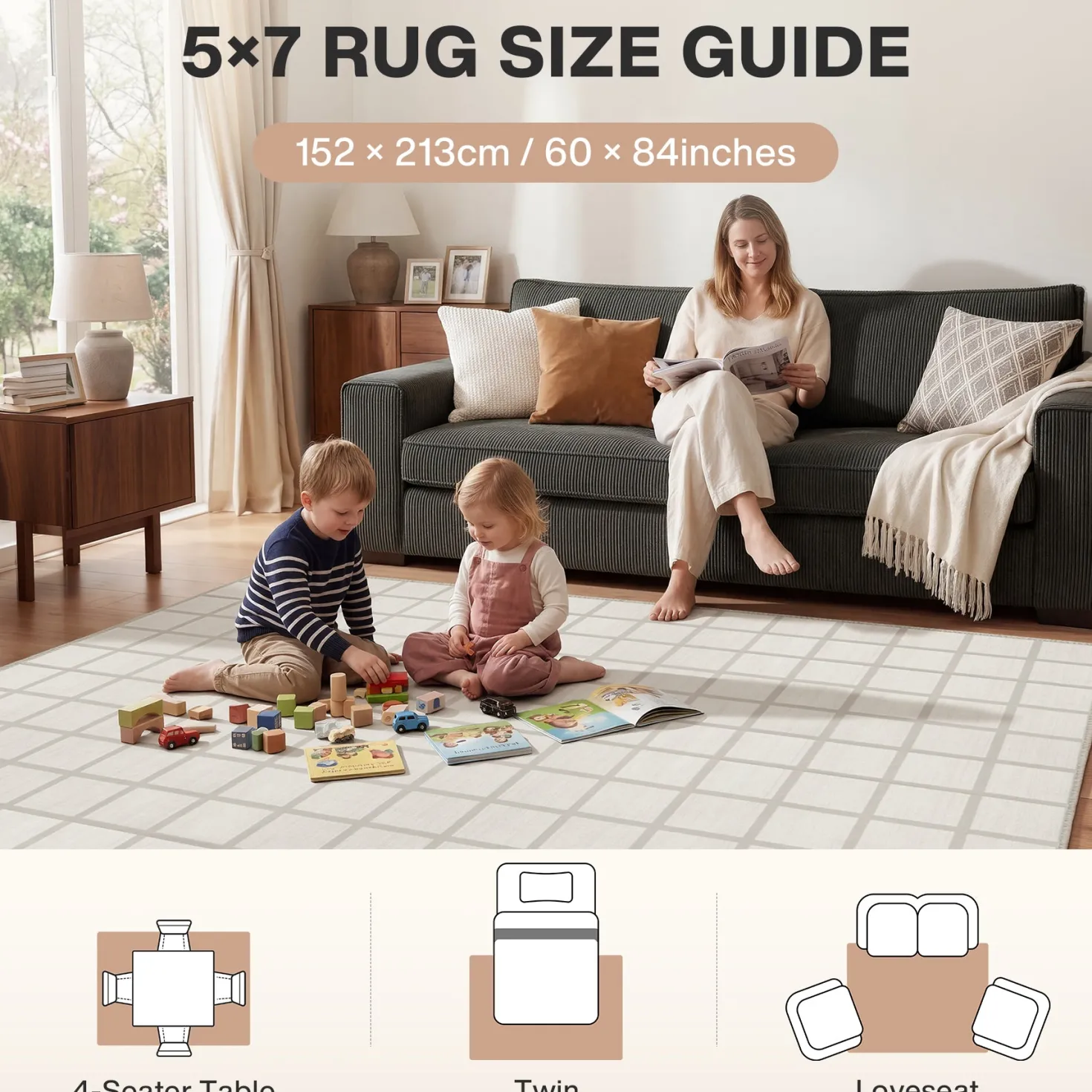 5x7/8x10 Modern Plaid Area Rug, Checkered Washable Rug Soft Non-Slip Ultra Thin Throw Carpet for Living Room, Oeko-Tex Certified