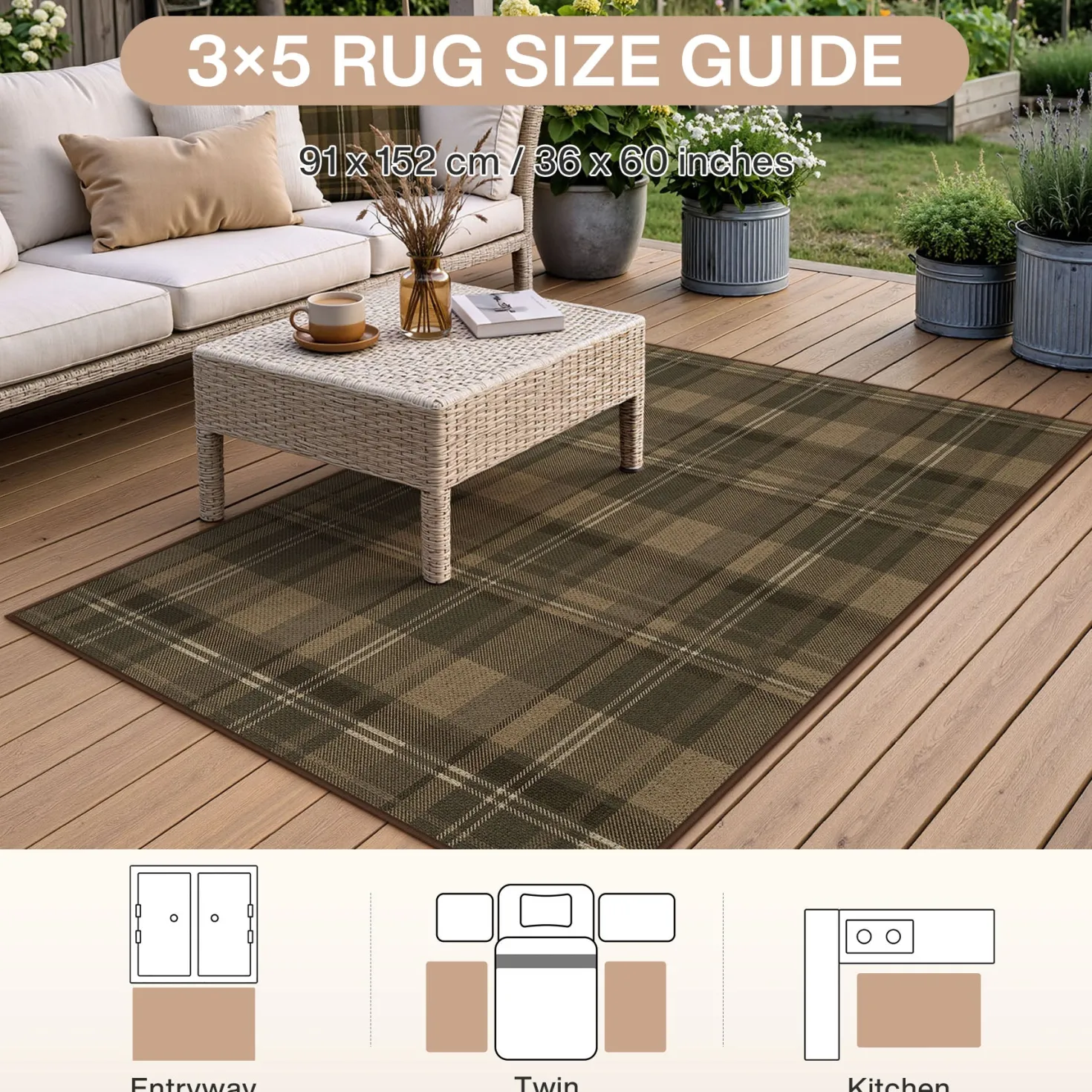 3x5/5x7 Plaid Easy Jute Washable Area Rug, Farmhouse Non-Slip Indoor Carpet for Porch Living Bedroom, Oeko-Tex Certified