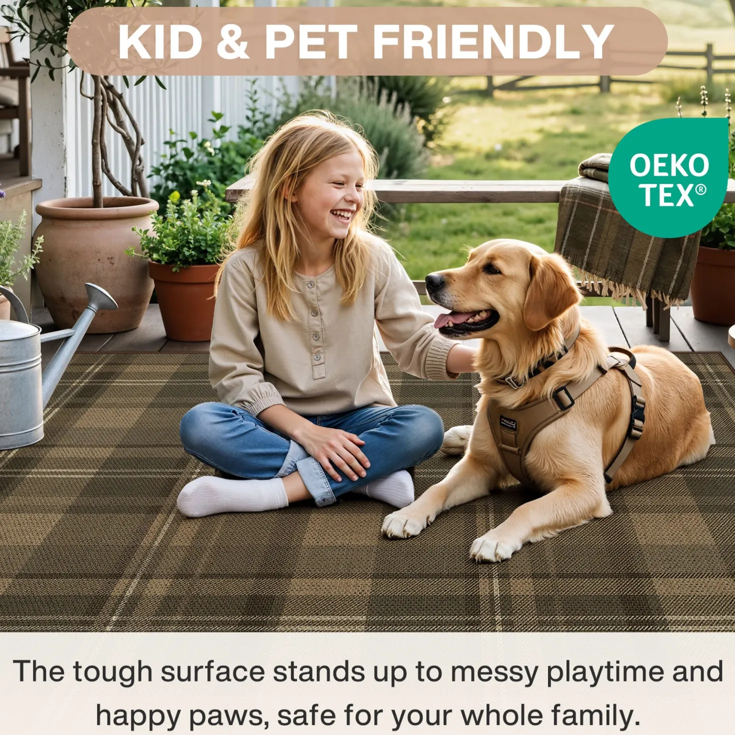 3x5/5x7 Plaid Easy Jute Washable Area Rug, Farmhouse Non-Slip Indoor Carpet for Porch Living Bedroom, Oeko-Tex Certified