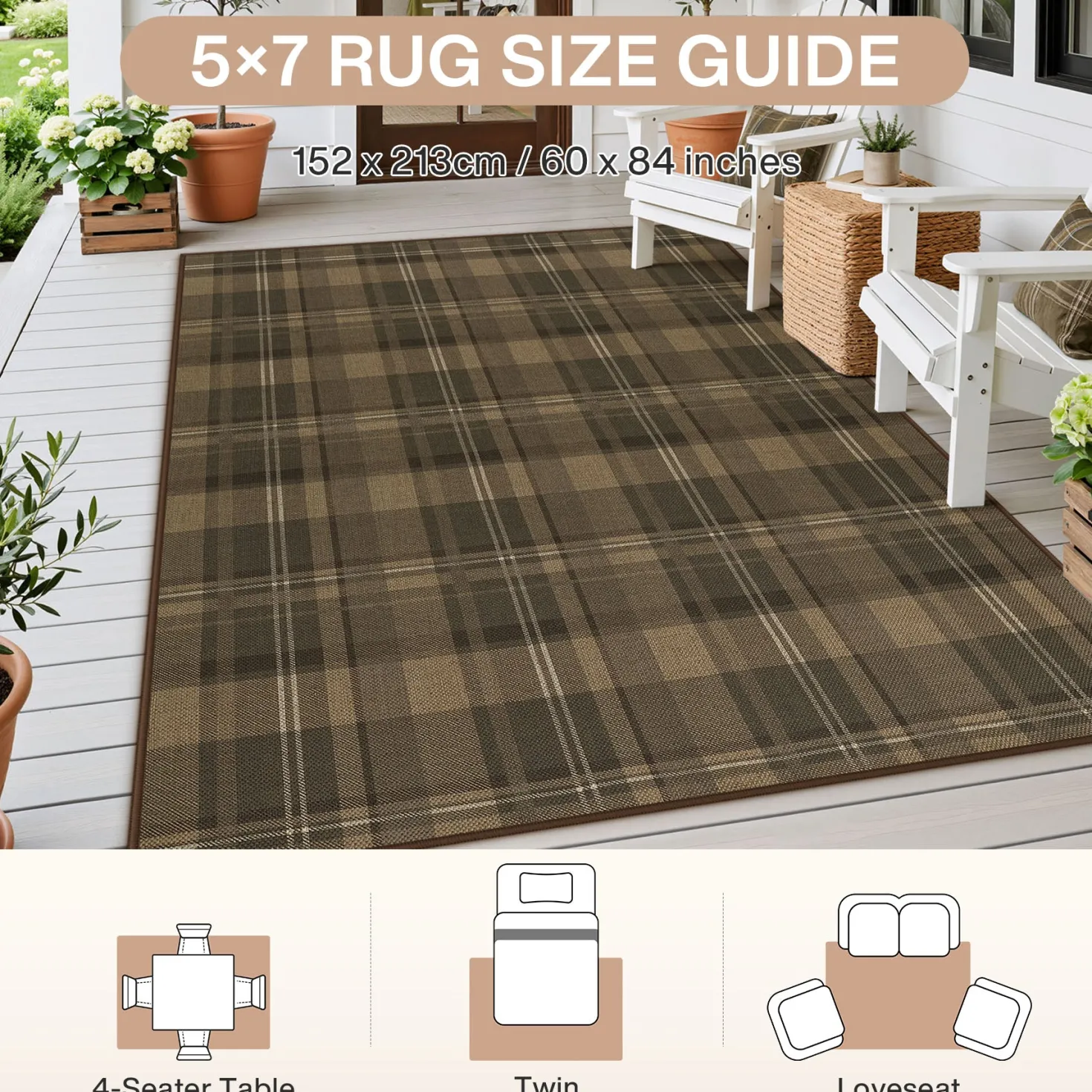 3x5/5x7 Plaid Easy Jute Washable Area Rug, Farmhouse Non-Slip Indoor Carpet for Porch Living Bedroom, Oeko-Tex Certified