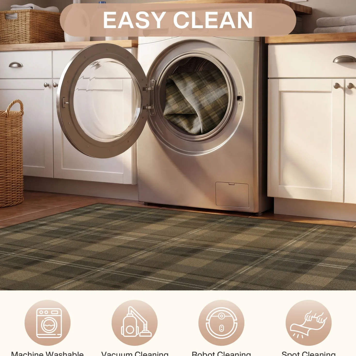 3x5/5x7 Plaid Easy Jute Washable Area Rug, Farmhouse Non-Slip Indoor Carpet for Porch Living Bedroom, Oeko-Tex Certified