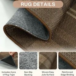 3x5/5x7 Plaid Easy Jute Washable Area Rug, Farmhouse Non-Slip Indoor Carpet for Porch Living Bedroom, Oeko-Tex Certified