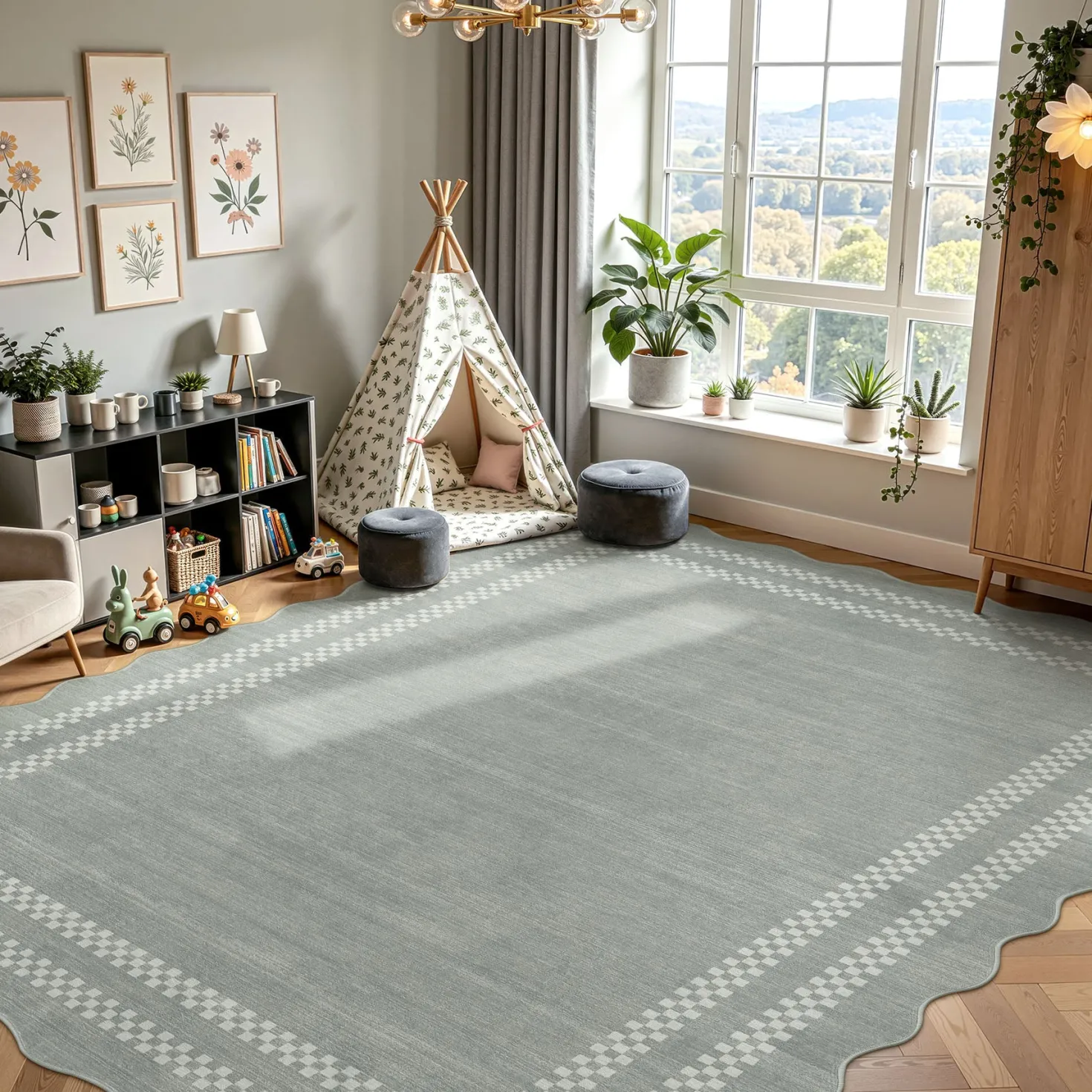 5x7/8x10 Scalloped Washable Area Rugs, Soft Geometric Non-Slip Indoor Rug for Living Room Bedroom, Oeko-Tex Certified