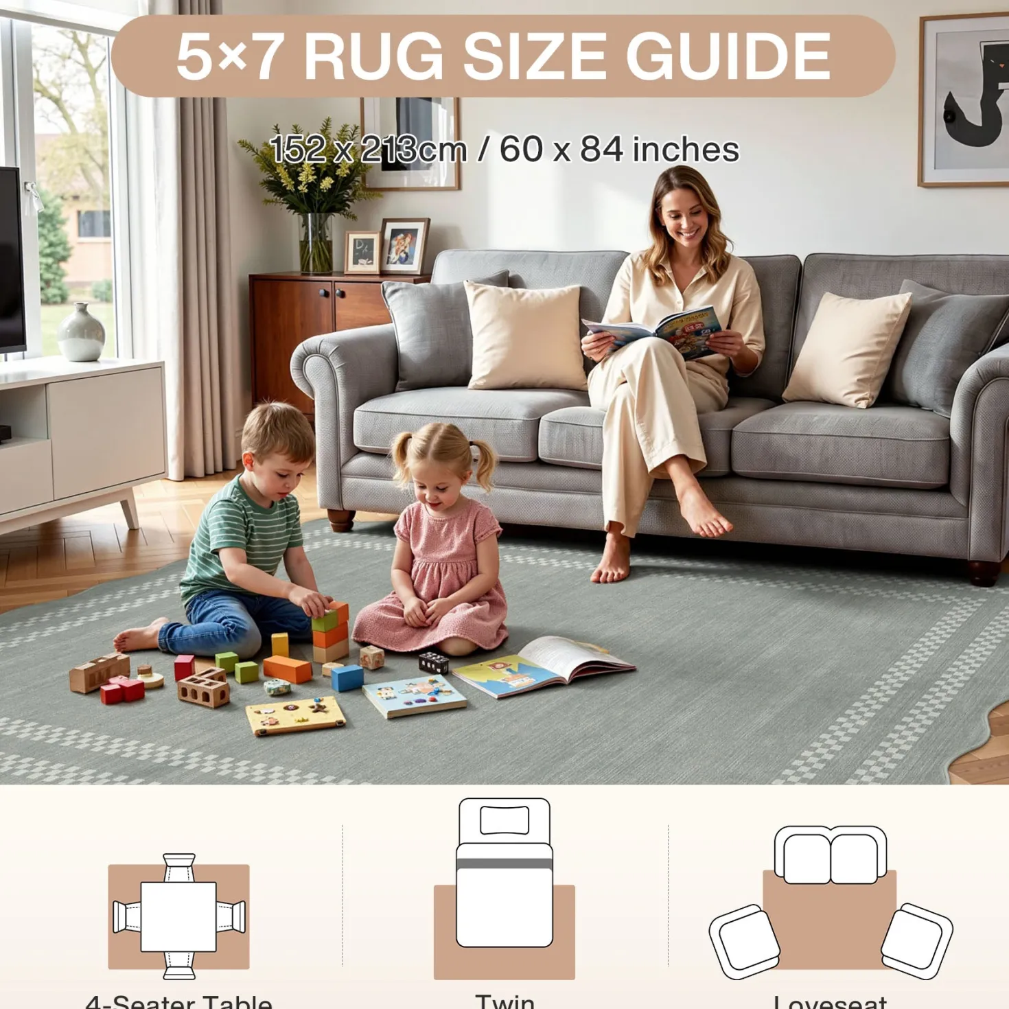 5x7/8x10 Scalloped Washable Area Rugs, Soft Geometric Non-Slip Indoor Rug for Living Room Bedroom, Oeko-Tex Certified