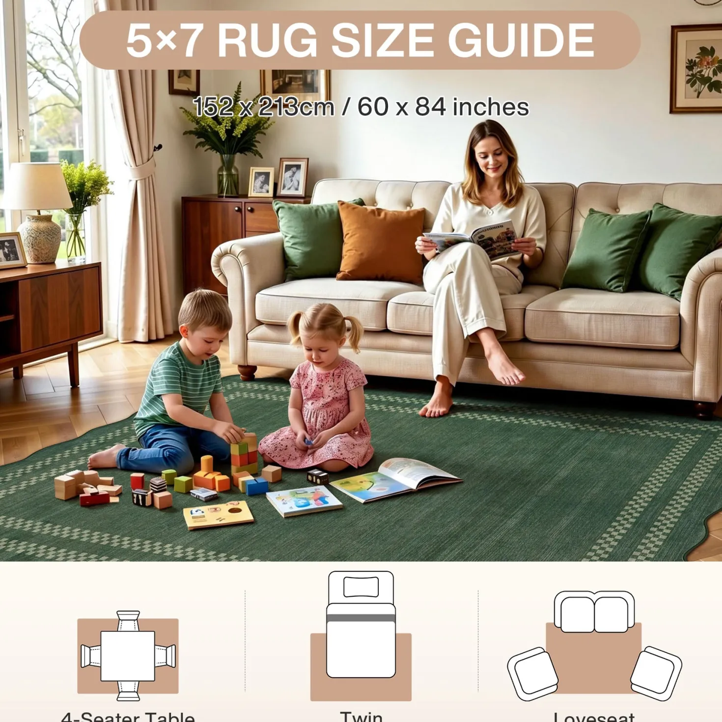 5x7/8x10 Scalloped Washable Area Rugs, Soft Geometric Non-Slip Indoor Rug for Living Room Bedroom, Oeko-Tex Certified