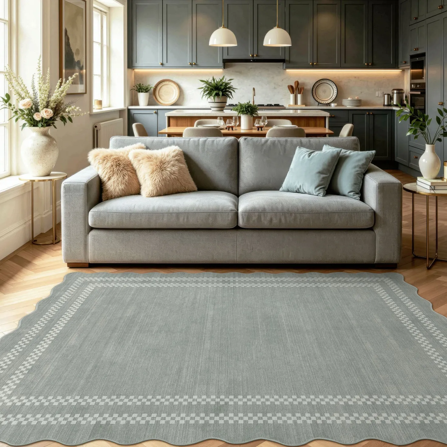 5x7/8x10 Scalloped Washable Area Rugs, Soft Geometric Non-Slip Indoor Rug for Living Room Bedroom, Oeko-Tex Certified