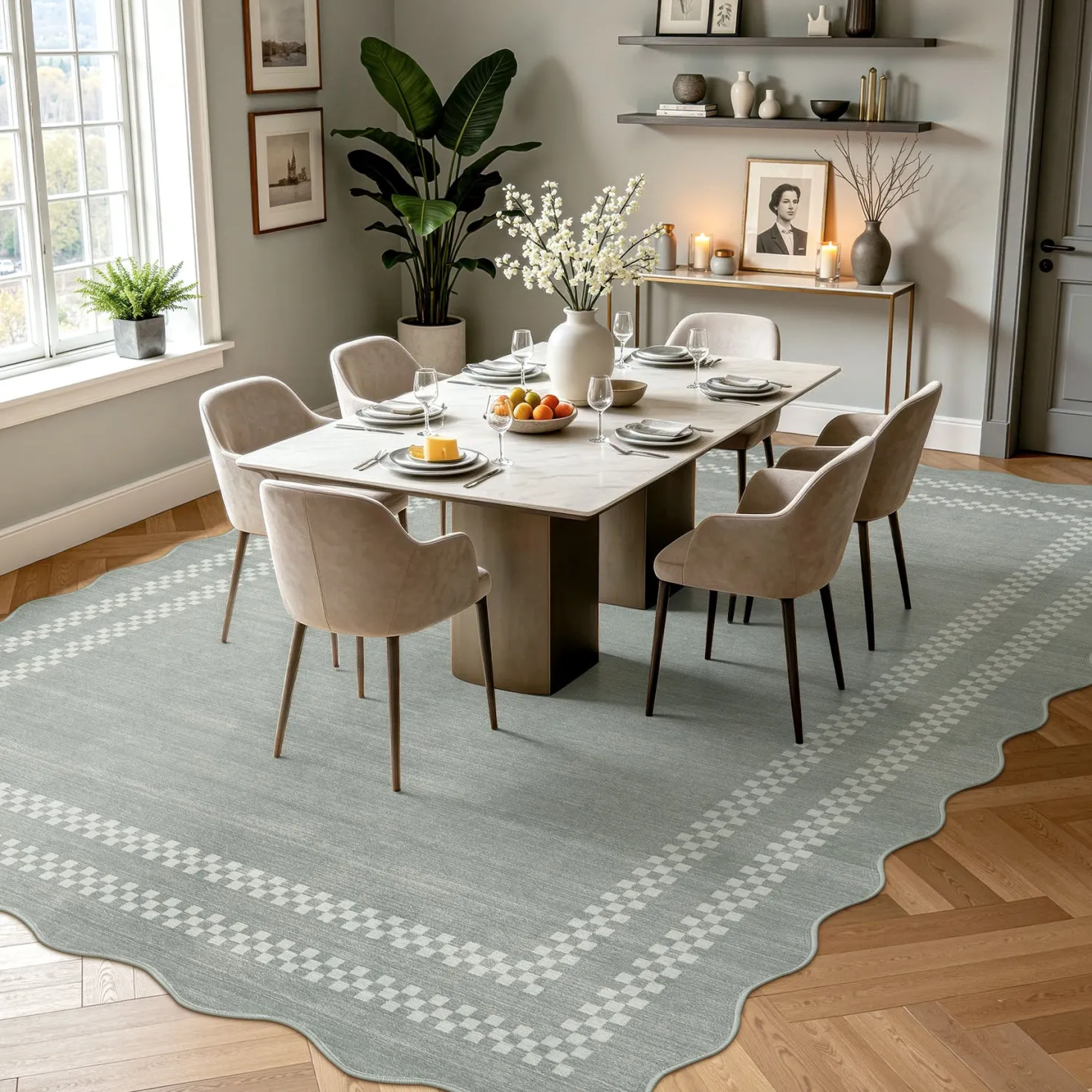 5x7/8x10 Scalloped Washable Area Rugs, Soft Geometric Non-Slip Indoor Rug for Living Room Bedroom, Oeko-Tex Certified