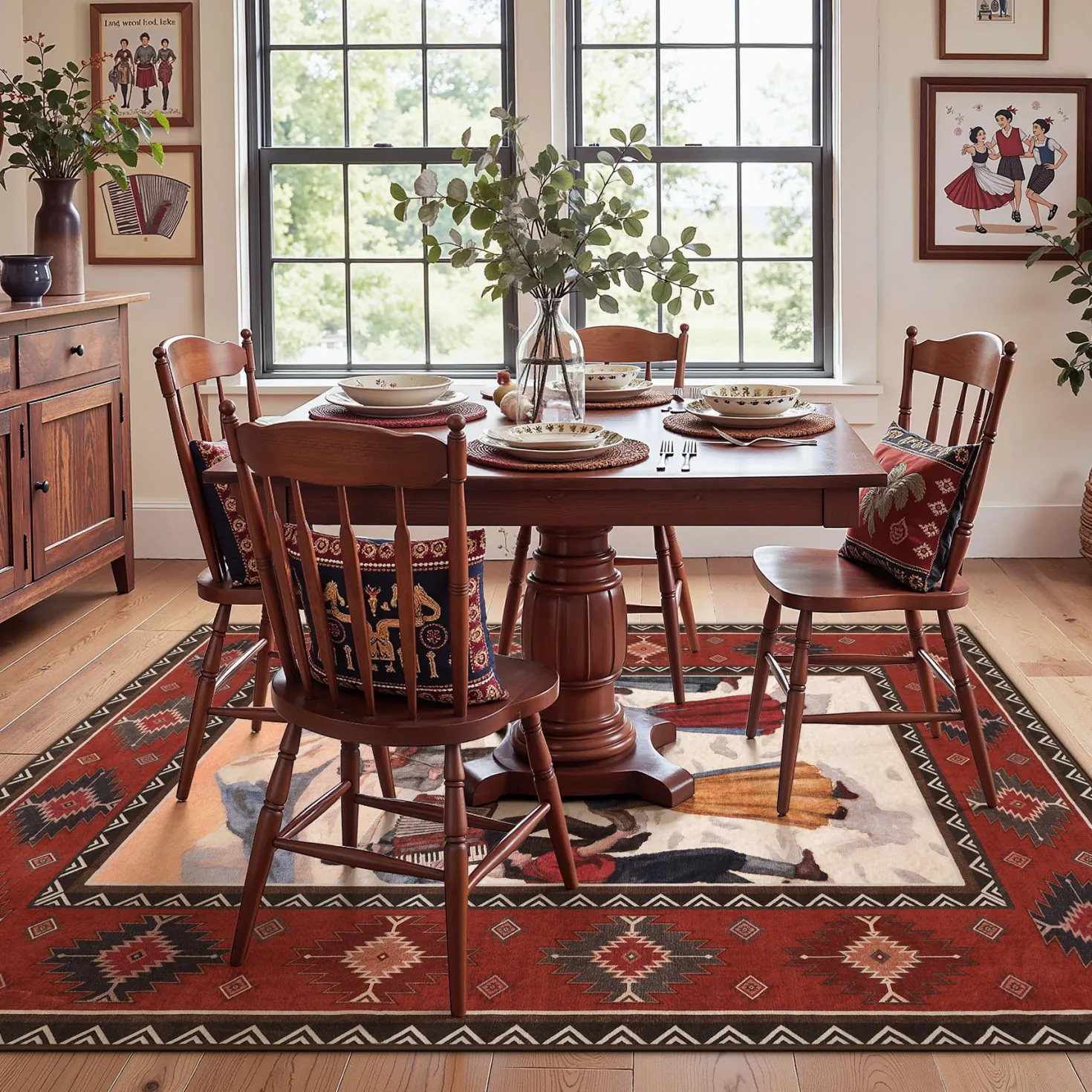 3x5/5x7 Southwestern Rust Red Rugs, Boho Tribal Washable Area Rug for Entryway, Soft Non-Slip Low Pile Indoor Carpet, Oeko-Tex Certified