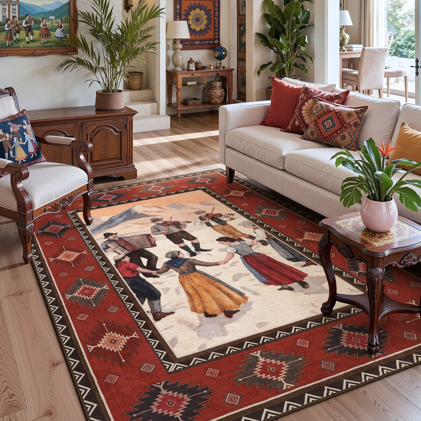 3x5/5x7 Southwestern Rust Red Rugs, Boho Tribal Washable Area Rug for Entryway, Soft Non-Slip Low Pile Indoor Carpet, Oeko-Tex Certified