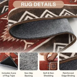 3x5/5x7 Southwestern Rust Red Rugs, Boho Tribal Washable Area Rug for Entryway, Soft Non-Slip Low Pile Indoor Carpet, Oeko-Tex Certified