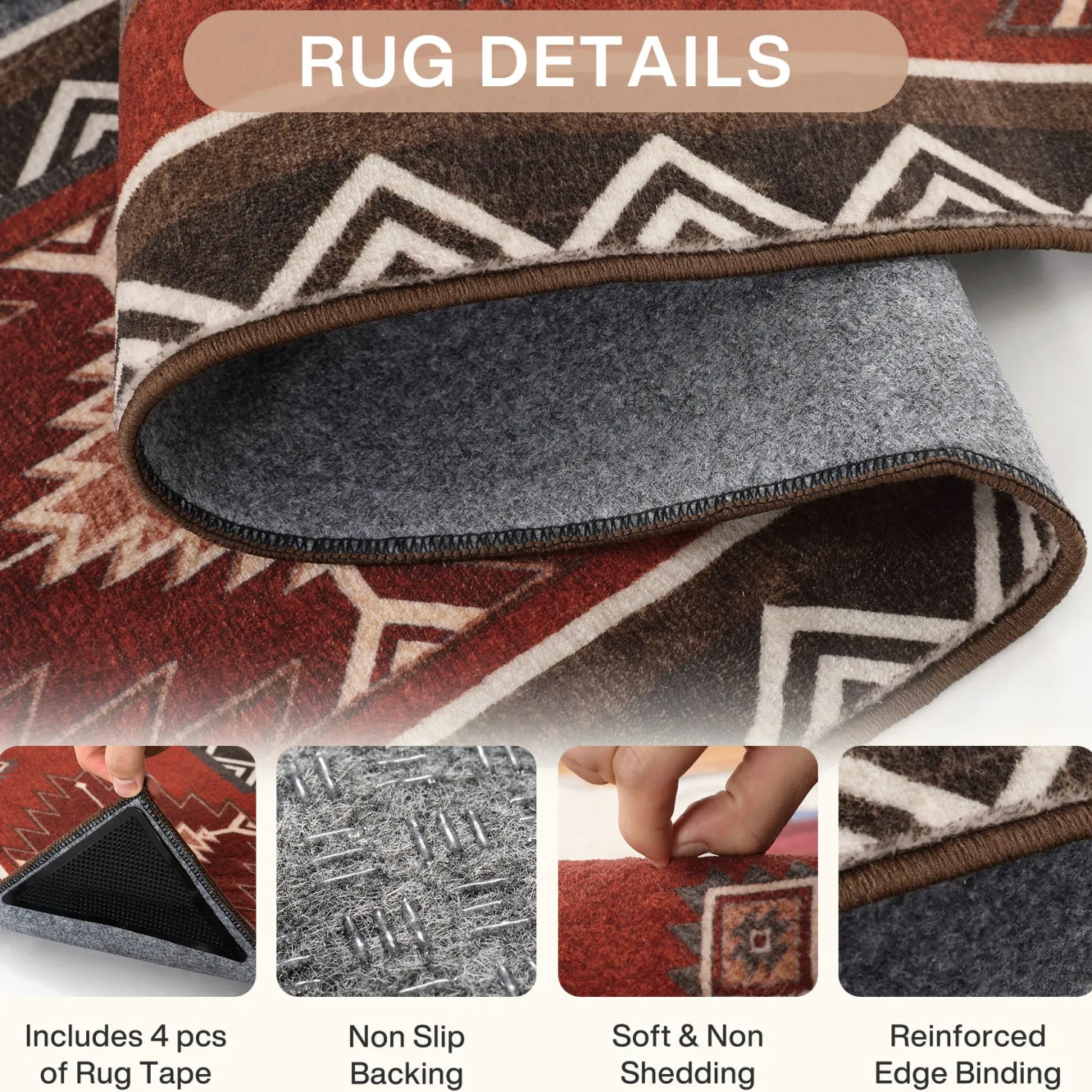 3x5/5x7 Southwestern Rust Red Rugs, Boho Tribal Washable Area Rug for Entryway, Soft Non-Slip Low Pile Indoor Carpet, Oeko-Tex Certified