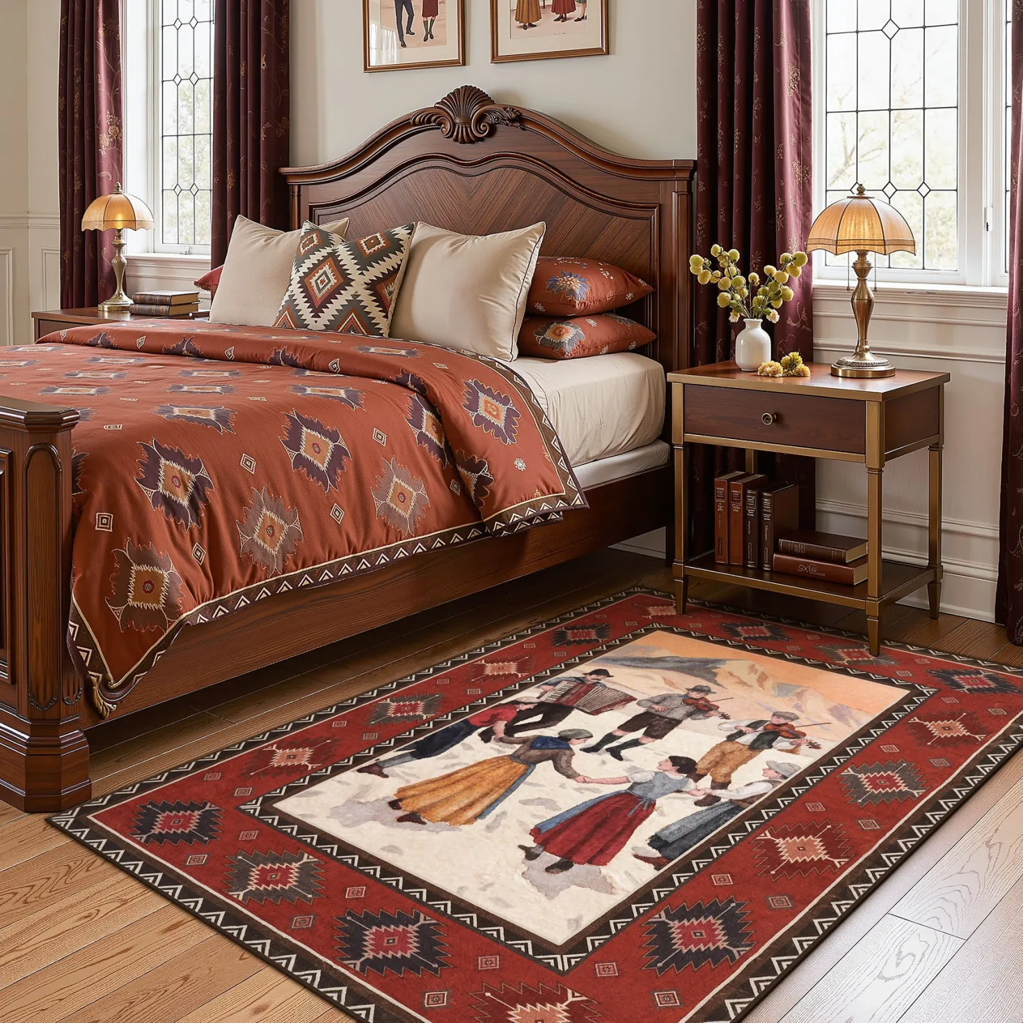 3x5/5x7 Southwestern Rust Red Rugs, Boho Tribal Washable Area Rug for Entryway, Soft Non-Slip Low Pile Indoor Carpet, Oeko-Tex Certified