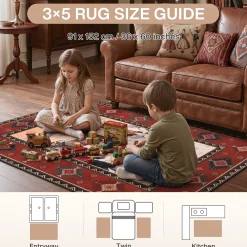 3x5/5x7 Southwestern Rust Red Rugs, Boho Tribal Washable Area Rug for Entryway, Soft Non-Slip Low Pile Indoor Carpet, Oeko-Tex Certified