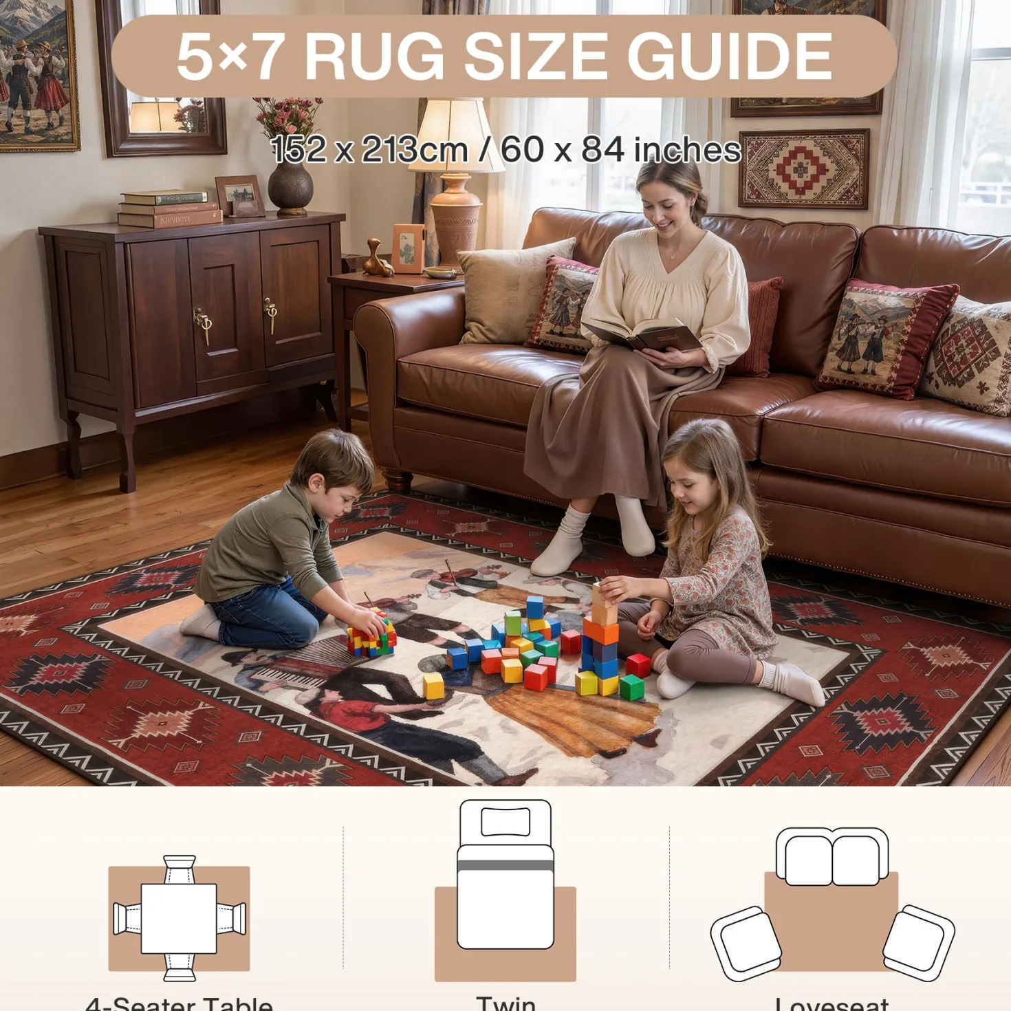 3x5/5x7 Southwestern Rust Red Rugs, Boho Tribal Washable Area Rug for Entryway, Soft Non-Slip Low Pile Indoor Carpet, Oeko-Tex Certified