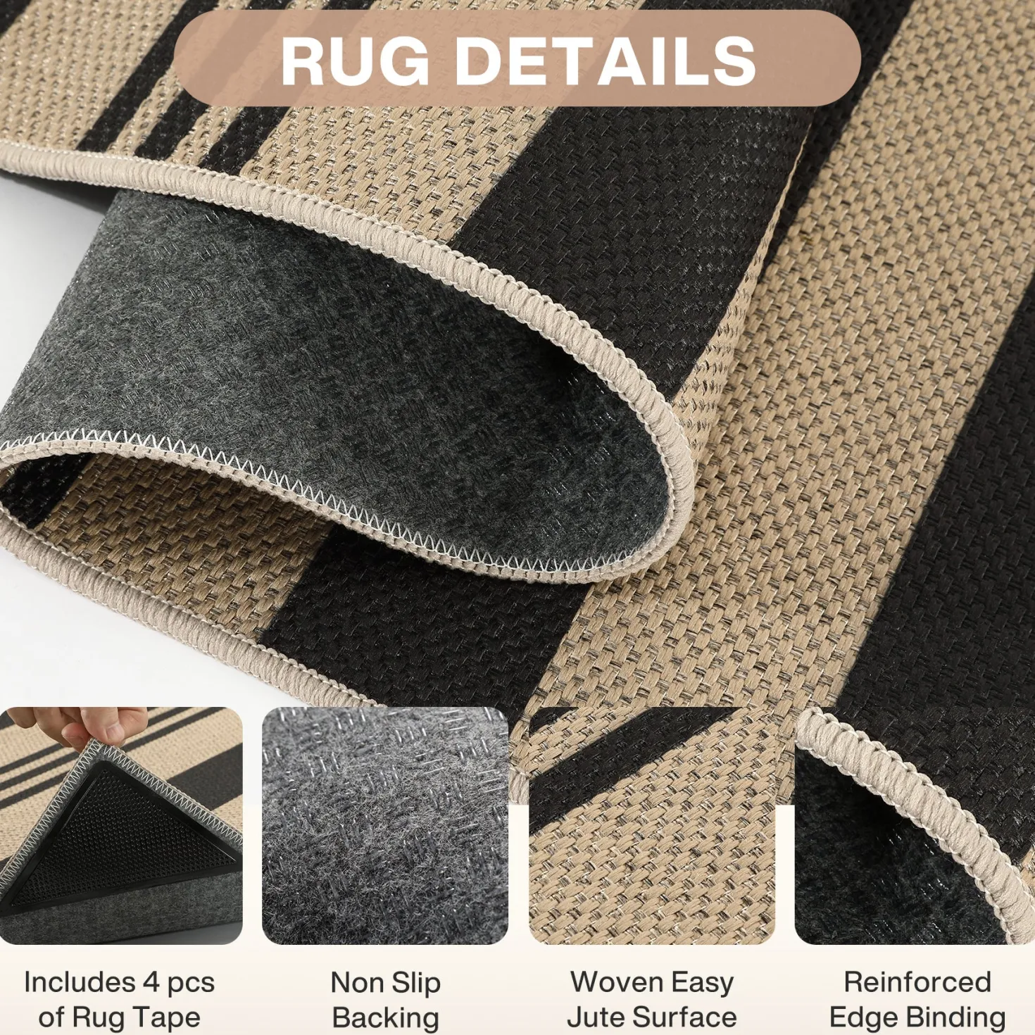 2.5x8/3x5 Striped Easy Jute Area Rug, Outdoor Hallway Runner Rug Non-Skid Washable Indoor Carpet for Entryway Porch, Oeko-Tex Certified