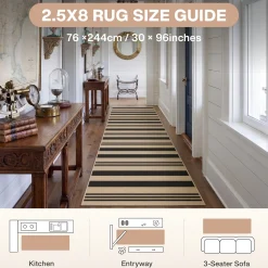 2.5x8/3x5 Striped Easy Jute Area Rug, Outdoor Hallway Runner Rug Non-Skid Washable Indoor Carpet for Entryway Porch, Oeko-Tex Certified