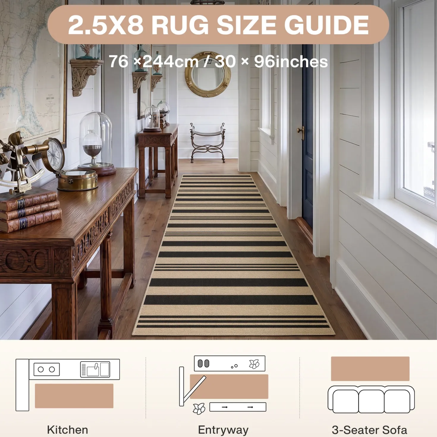 2.5x8/3x5 Striped Easy Jute Area Rug, Outdoor Hallway Runner Rug Non-Skid Washable Indoor Carpet for Entryway Porch, Oeko-Tex Certified