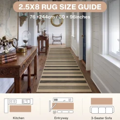 2.5x8/3x5 Striped Easy Jute Area Rug, Outdoor Hallway Runner Rug Non-Skid Washable Indoor Carpet for Entryway Porch, Oeko-Tex Certified