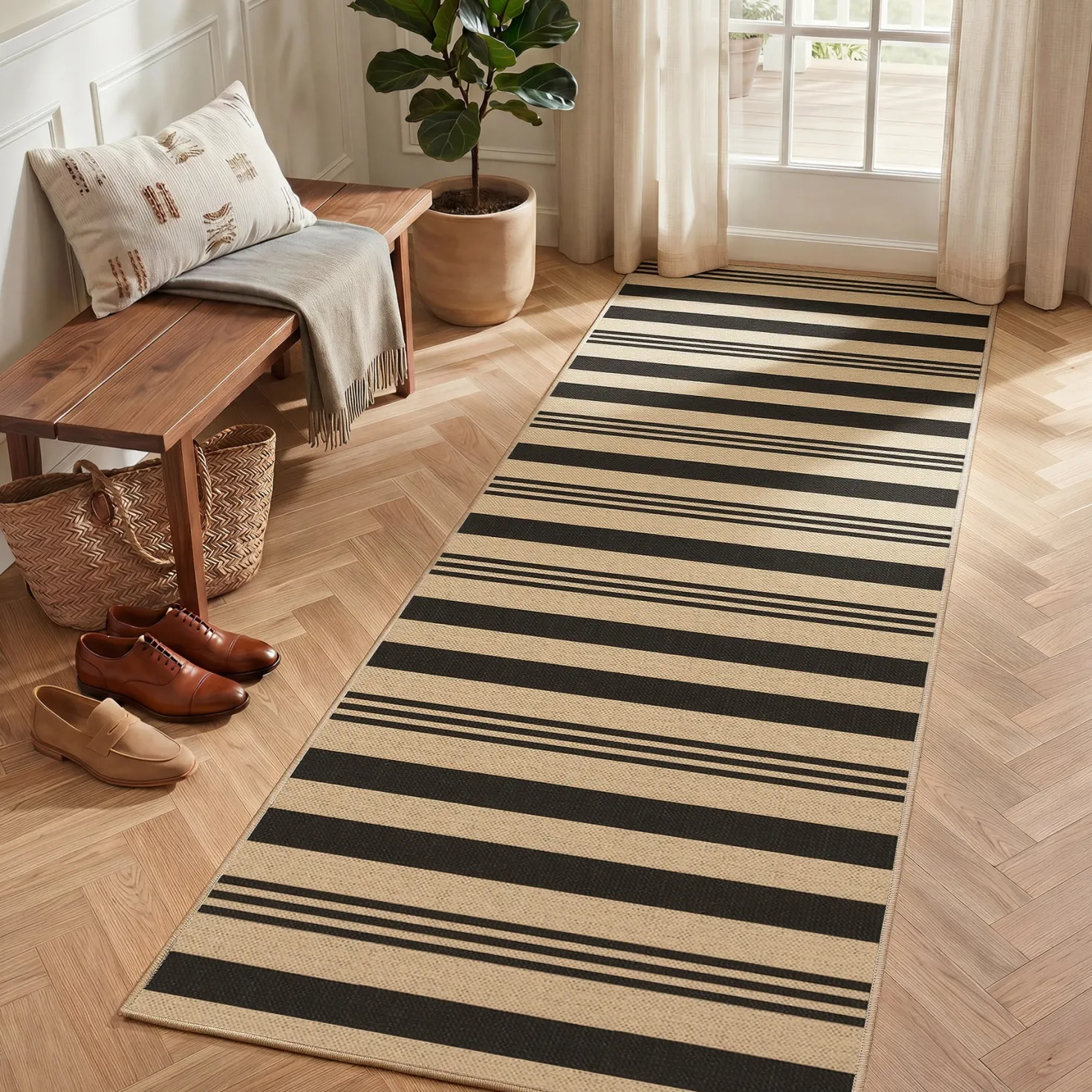 2.5x8/3x5 Striped Easy Jute Area Rug, Outdoor Hallway Runner Rug Non-Skid Washable Indoor Carpet for Entryway Porch, Oeko-Tex Certified