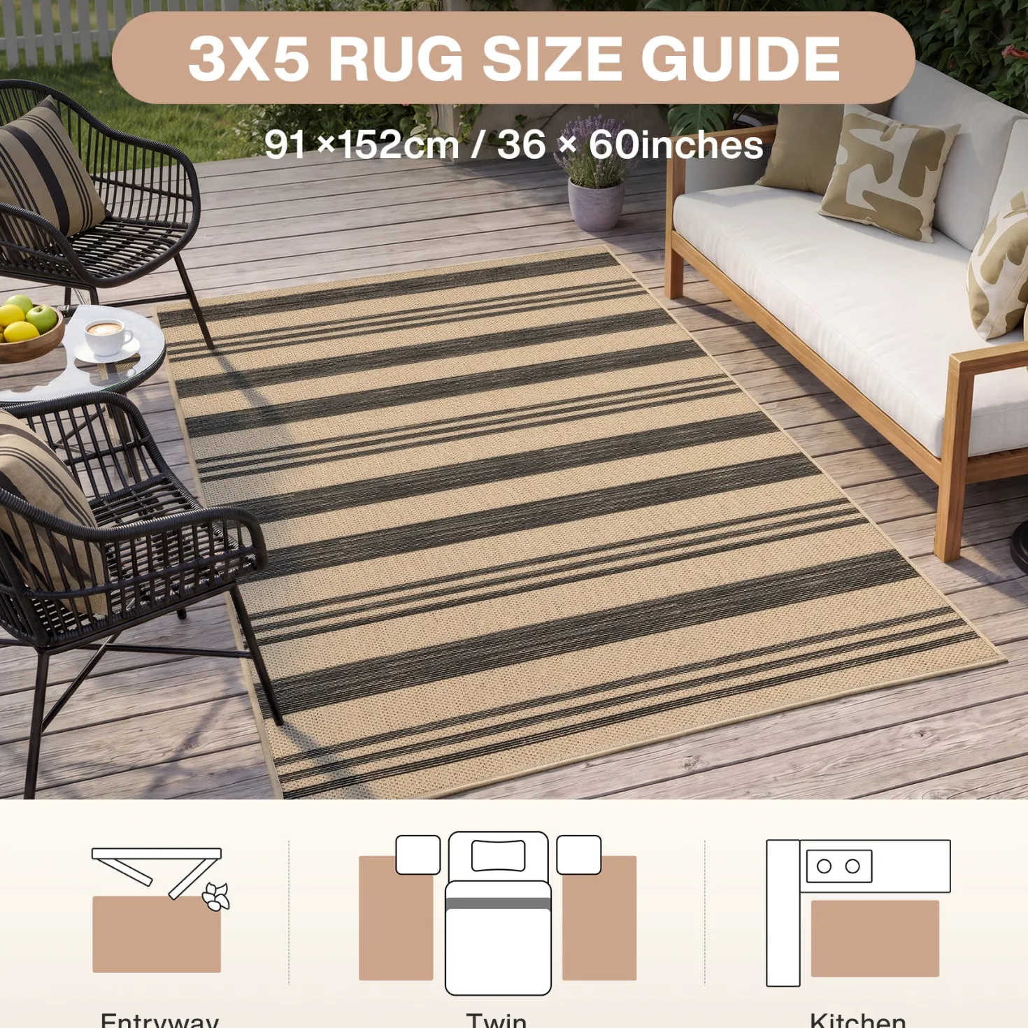 2.5x8/3x5 Striped Easy Jute Area Rug, Outdoor Hallway Runner Rug Non-Skid Washable Indoor Carpet for Entryway Porch, Oeko-Tex Certified