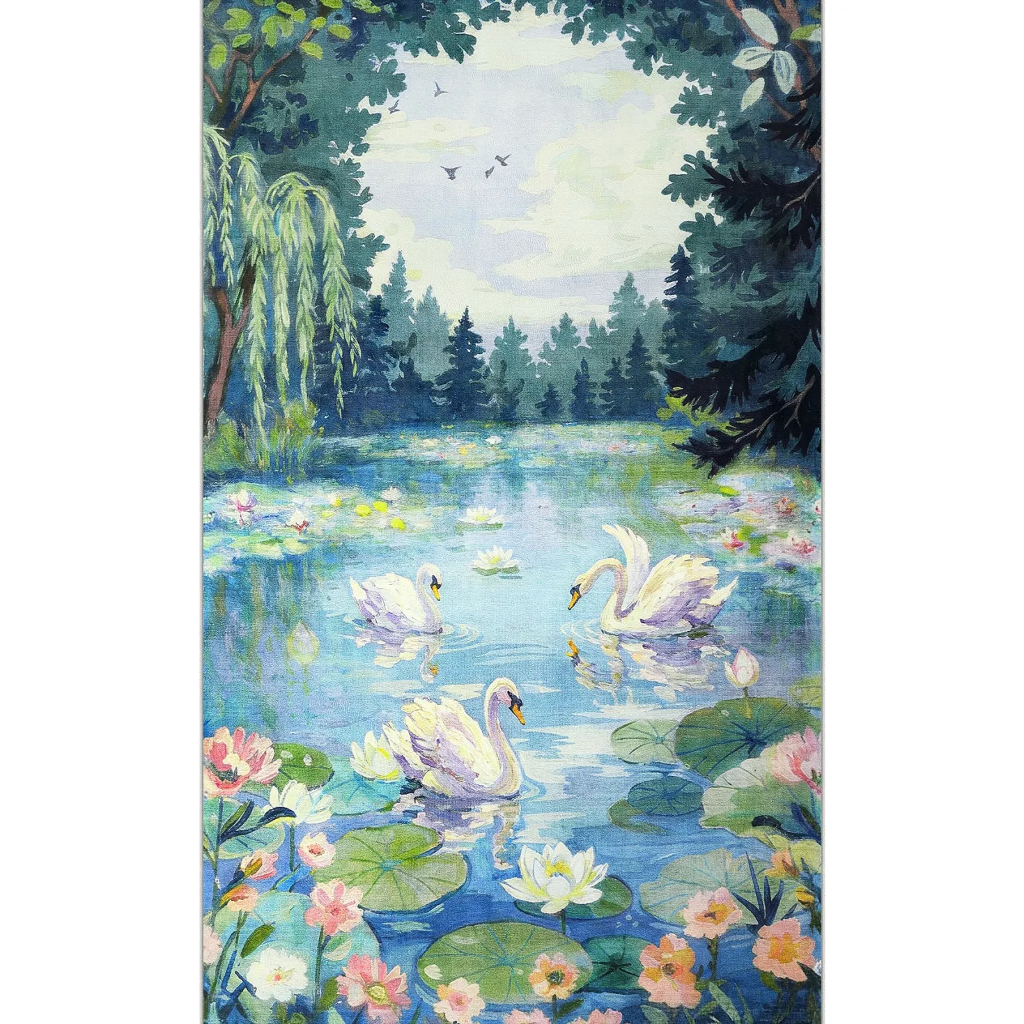 3x5/5x7 Swan Lake in oil painting style Area Rugs, Washable Living Room Runner Soft Non Slip Carpet, Oeko-Tex Certified