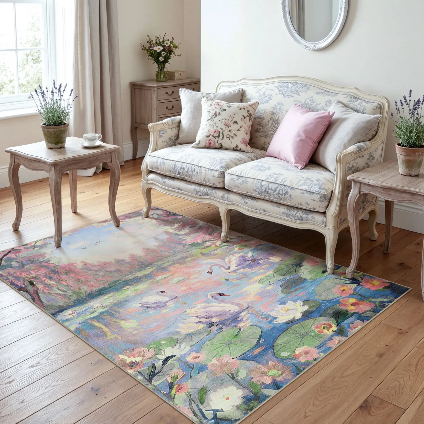 3x5/5x7 Swan Lake in oil painting style Area Rugs, Washable Living Room Runner Soft Non Slip Carpet, Oeko-Tex Certified