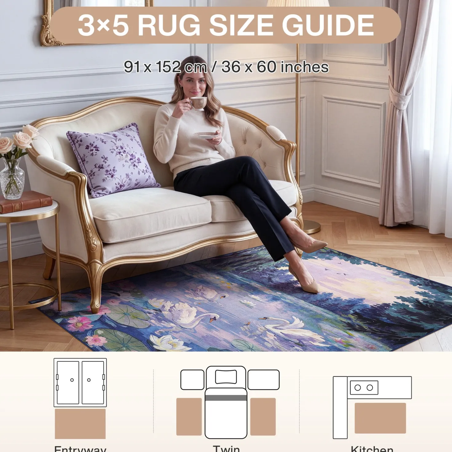 3x5/5x7 Swan Lake in oil painting style Area Rugs, Washable Living Room Runner Soft Non Slip Carpet, Oeko-Tex Certified